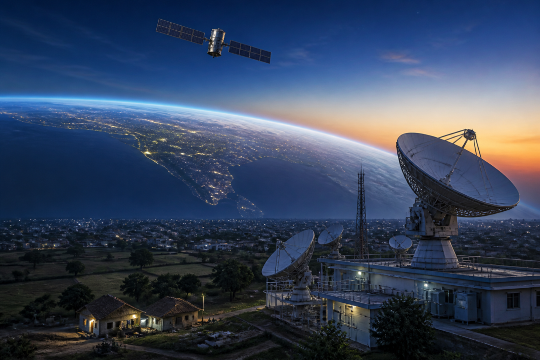 Satellite broadband infrastructure represented by a low Earth orbit satellite above India with a ground communications station