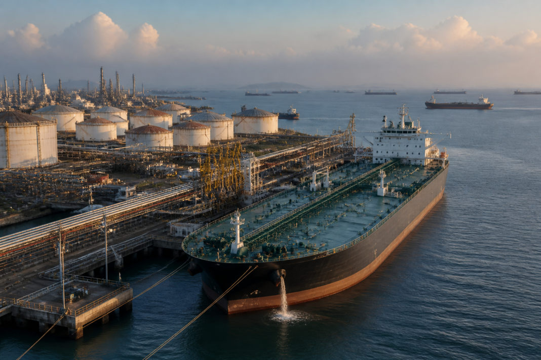 Oil tanker at an Indian port representing India crude oil imports and changing global crude supply sources