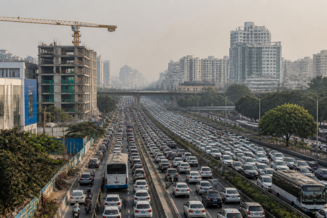 Traffic congestion and dense urban development in Bengaluru illustrating the city’s air pollution challenge