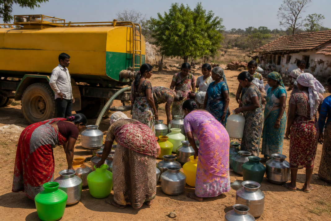 A water tanker supplying drinking water in a drought-affected Karnataka village