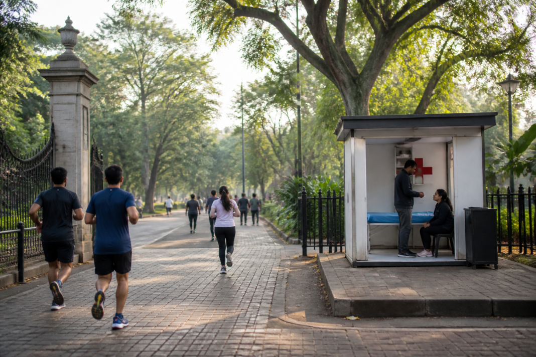 Visitors and runners inside Bengaluru’s Cubbon Park, where walkers have sought a health centre and first-aid facilities