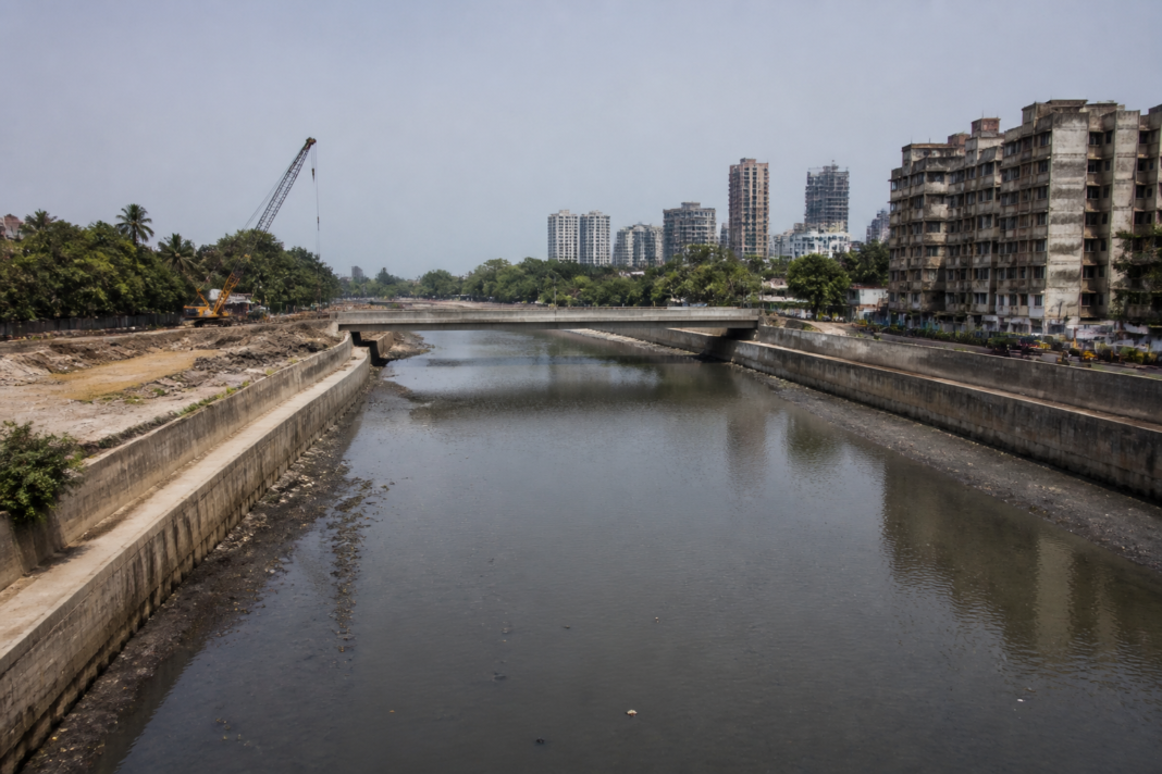 Mithi River channel in Mumbai near the Mahim Causeway and Dharavi Bridge project area