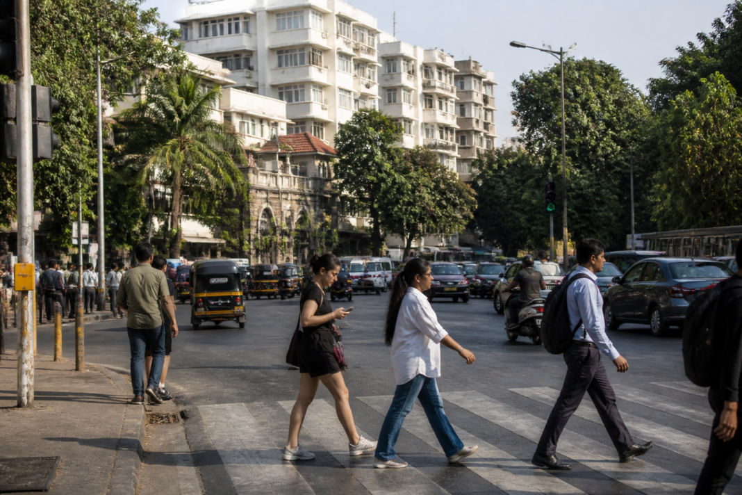 Traffic and pedestrians near a road crossing in Bandra West, Mumbai, representing the Bandra car accident case