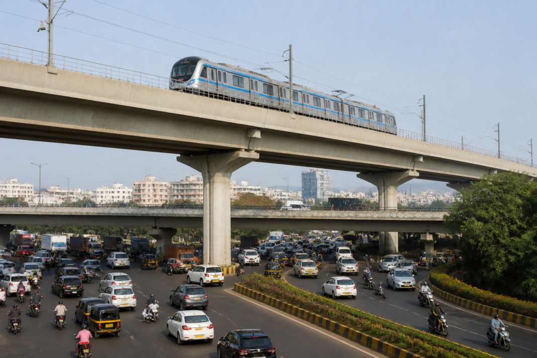 Proposed Pune Metro corridor and double-decker flyover alignment near a busy Pune junction