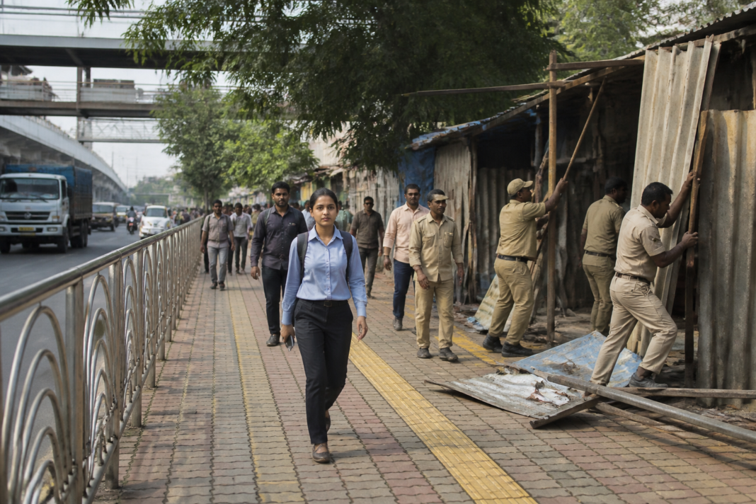 Navi Mumbai municipal workers clearing an encroached footpath near a railway station ahead of Ganeshotsav