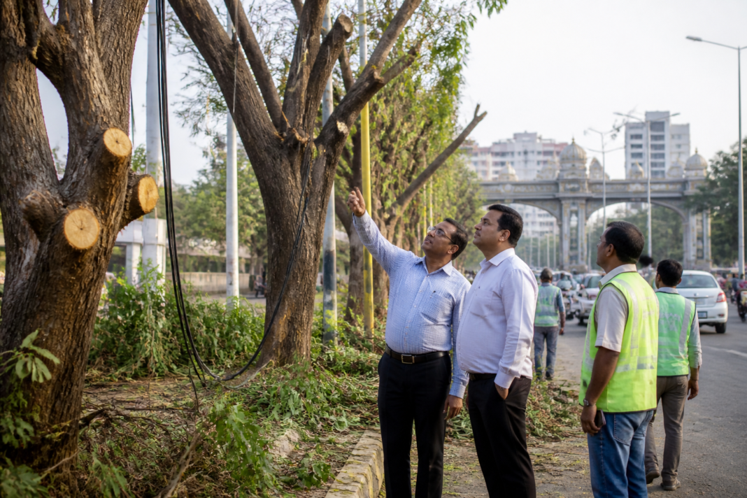 Municipal workers trimming roadside trees along a road in Virar West, Vasai-Virar