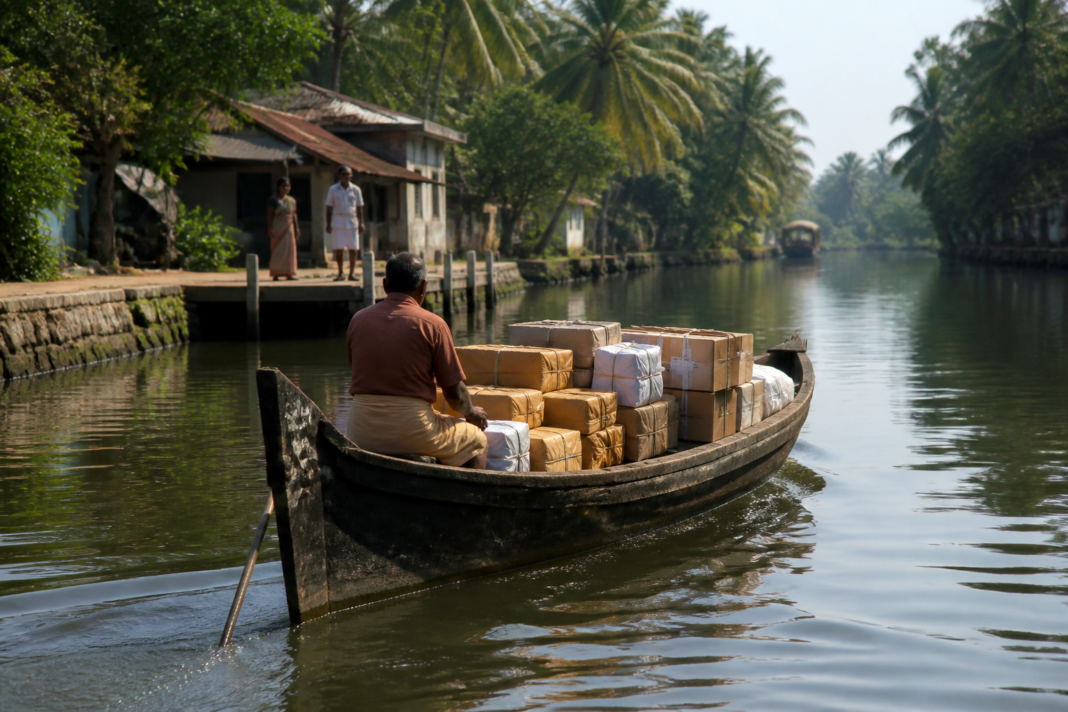 Boat carrying goods along an inland waterway in Kerala as part of last-mile logistics