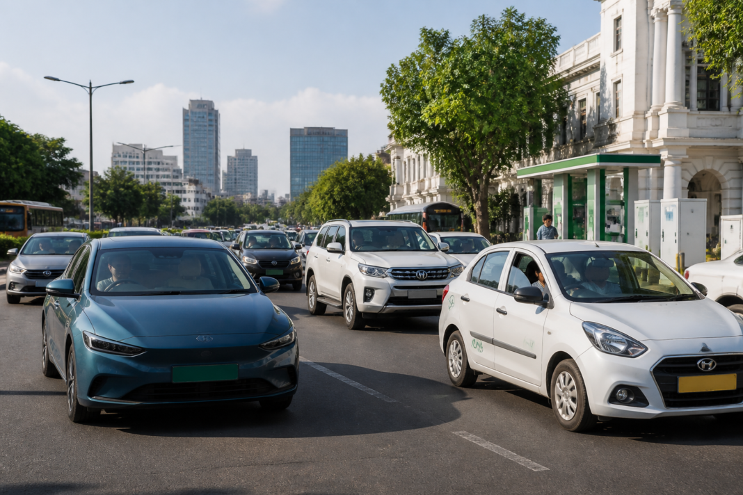 Urban traffic in India showing a mix of passenger cars and electric vehicles, illustrating the rise of alternative fuels in India
