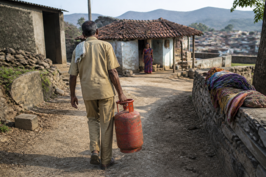 LPG cylinder delivery in a rural Indian settlement, illustrating last-mile access to clean cooking fuel