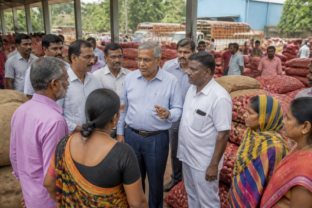 Karnataka Chief Minister D K Shivakumar interacting with onion growers and workers at Yeshwantpur APMC in Bengaluru
