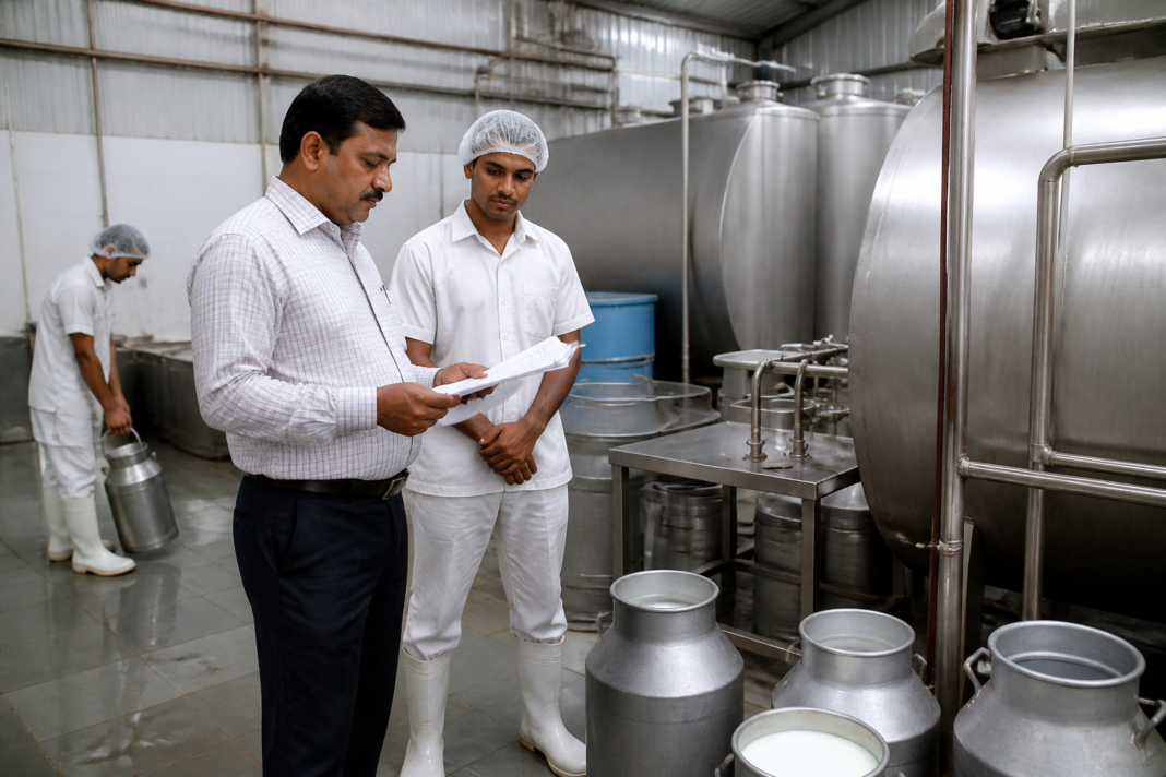 Food safety inspection at a commercial milk storage facility in Mumbai, illustrating the Bombay High Court order on FDA licence suspension