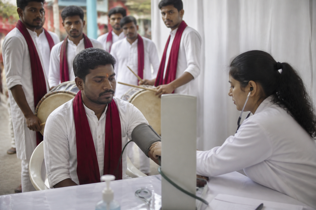 Dhol-tasha players participating in a health check-up campaign in Pune ahead of Ganeshotsav
