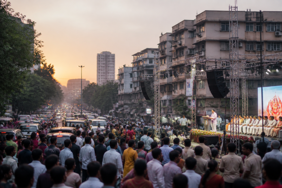 Festival loudspeakers and a public gathering in Thane highlighting concerns over noise pollution