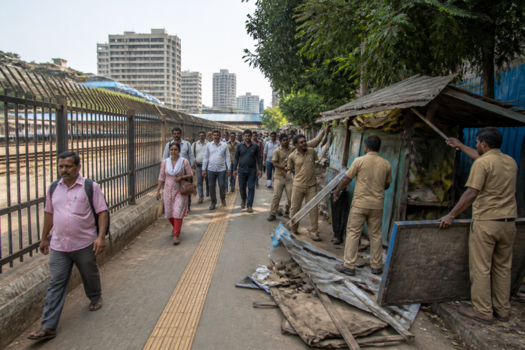 Municipal workers clearing an encroached footpath near a railway station in Navi Mumbai