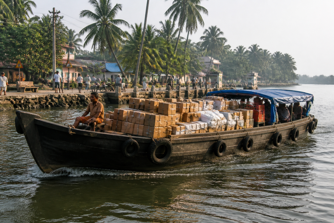 Boat carrying goods along a Kerala backwater route as part of waterway logistics for nearby villages