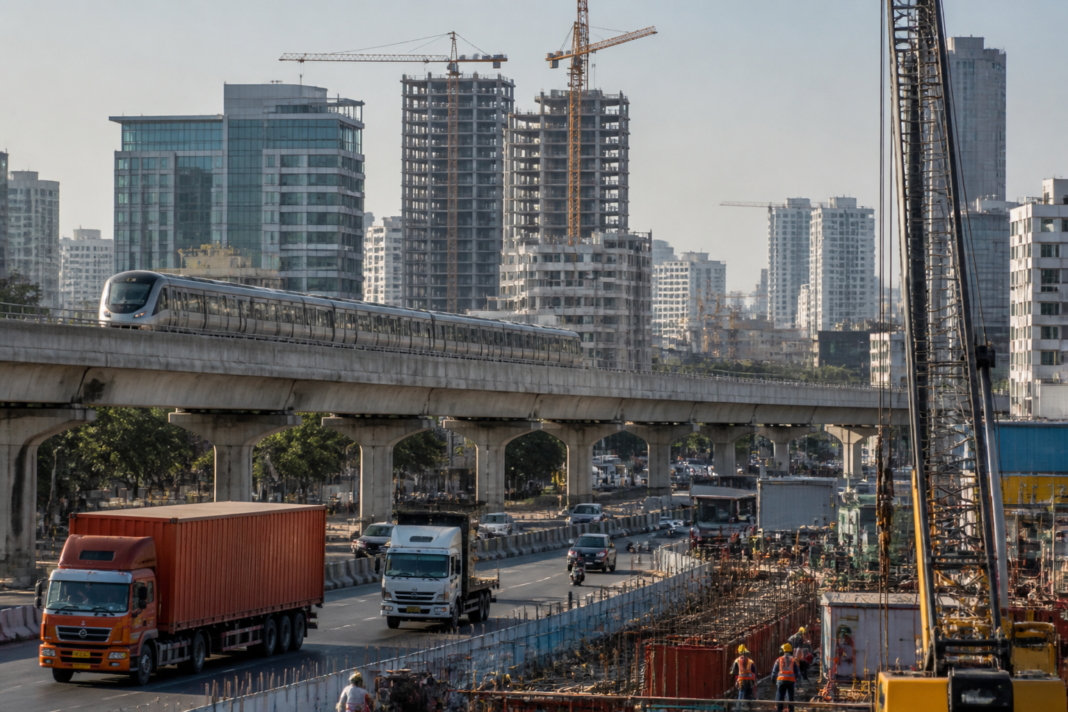 India GDP growth represented by a modern Indian city skyline with construction, transport infrastructure and workers in an urban economic landscape