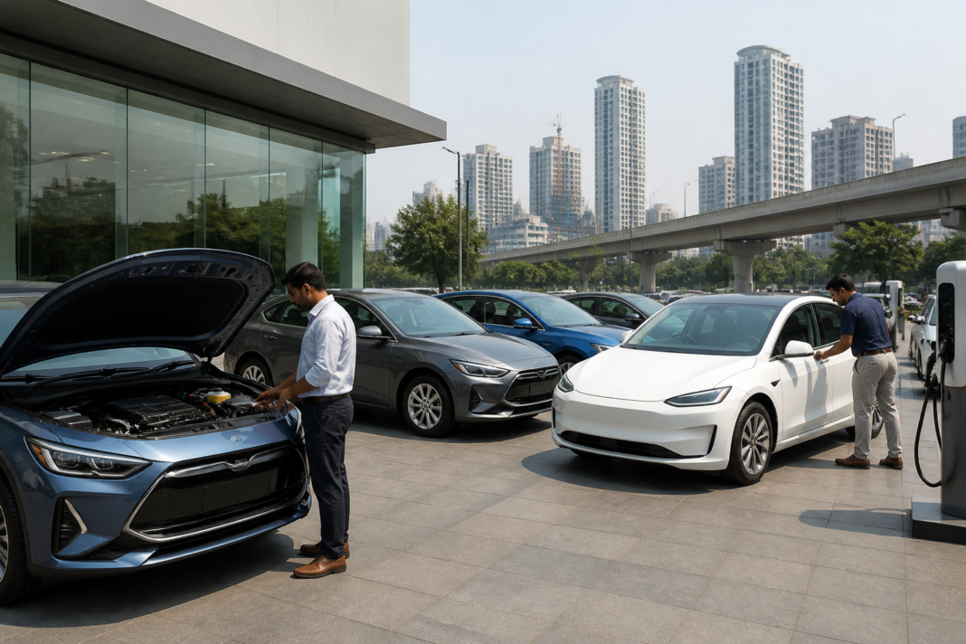 Alternative fuel cars in India, including CNG, hybrid and electric vehicles, parked in an urban dealership setting