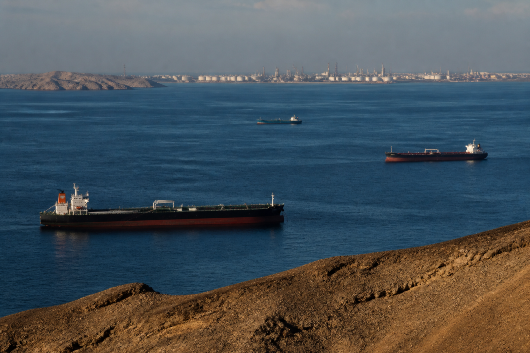 Oil tankers near a Gulf shipping route representing global oil prices and Strait of Hormuz supply disruptions