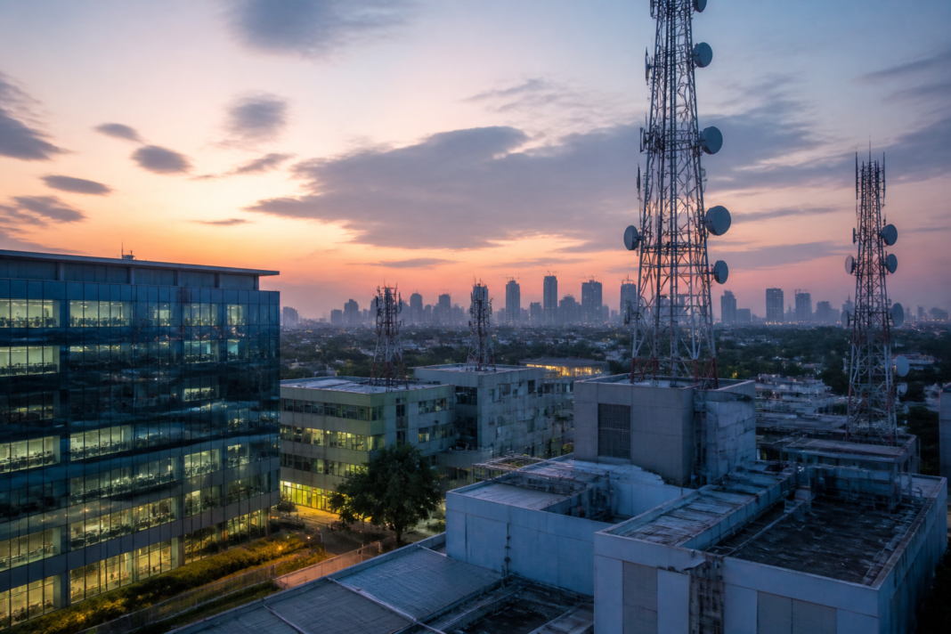 Jio Platforms IPO investor outreach represented by a modern telecommunications network and Mumbai financial district skyline