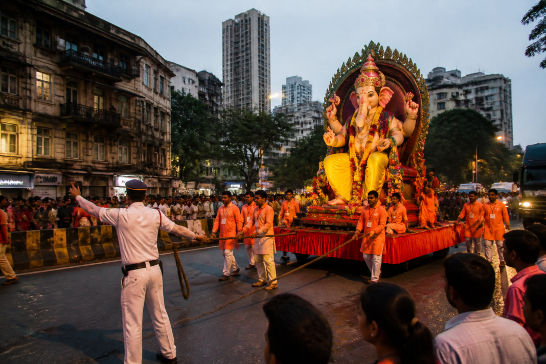 Ganesh idol procession moving along a Mumbai road prepared for Ganeshotsav traffic diversions