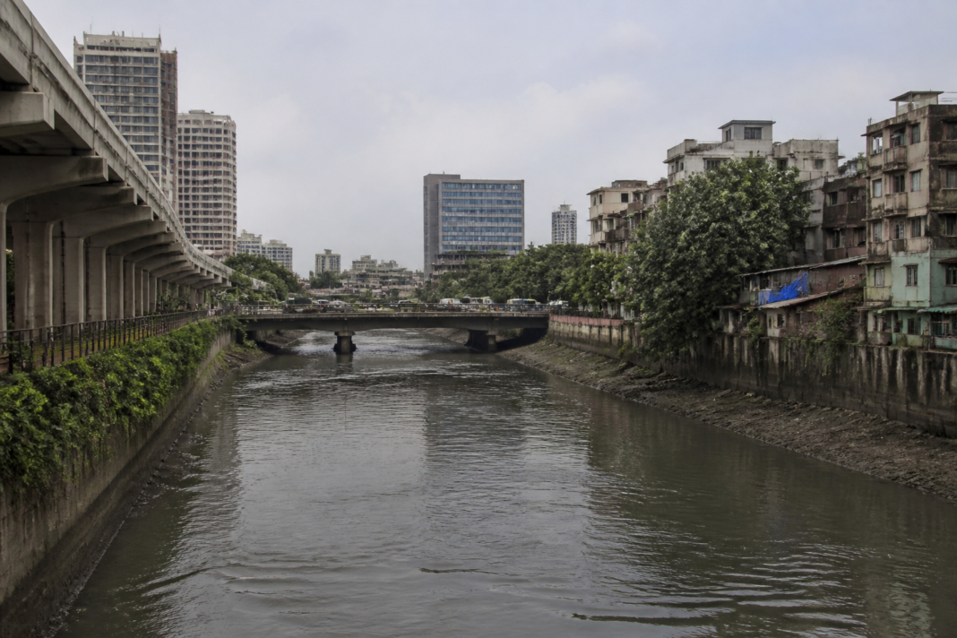 Mithi River channel in Mumbai near the urban infrastructure corridor affected by the widening and deepening project
