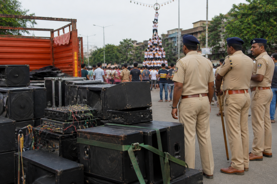 Police-seized sound equipment following a Pune noise pollution enforcement action during Dahi Handi celebrations