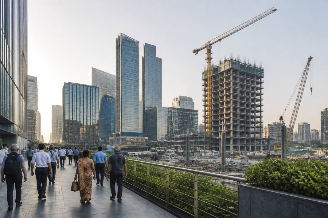 India GDP growth debate represented by a modern Indian business district with construction cranes and workers in an urban economic landscape