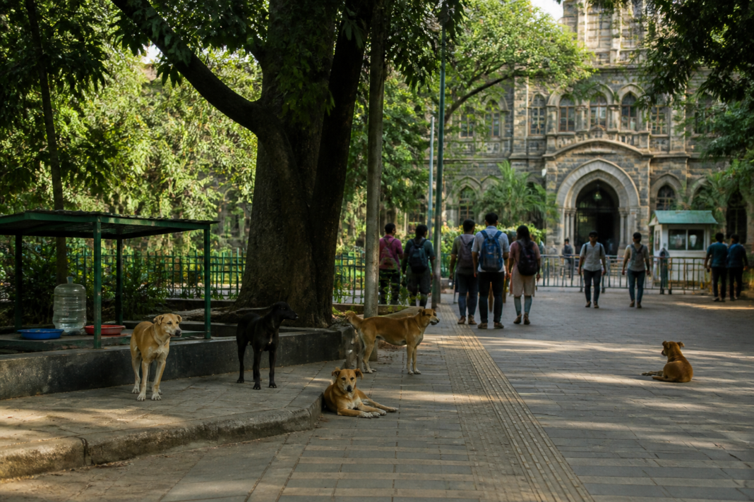 Free-ranging dogs near Mumbai University’s Kalina campus amid a dispute over designated feeding arrangements