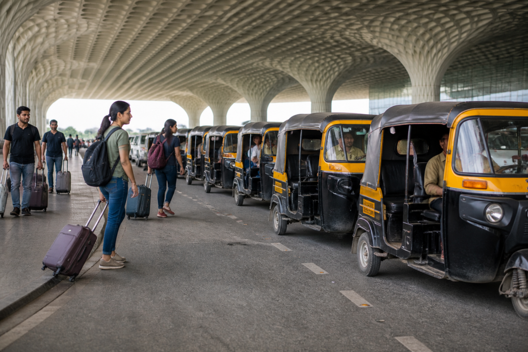 Autorickshaws waiting in the passenger pickup area outside Mumbai airport Terminal 2