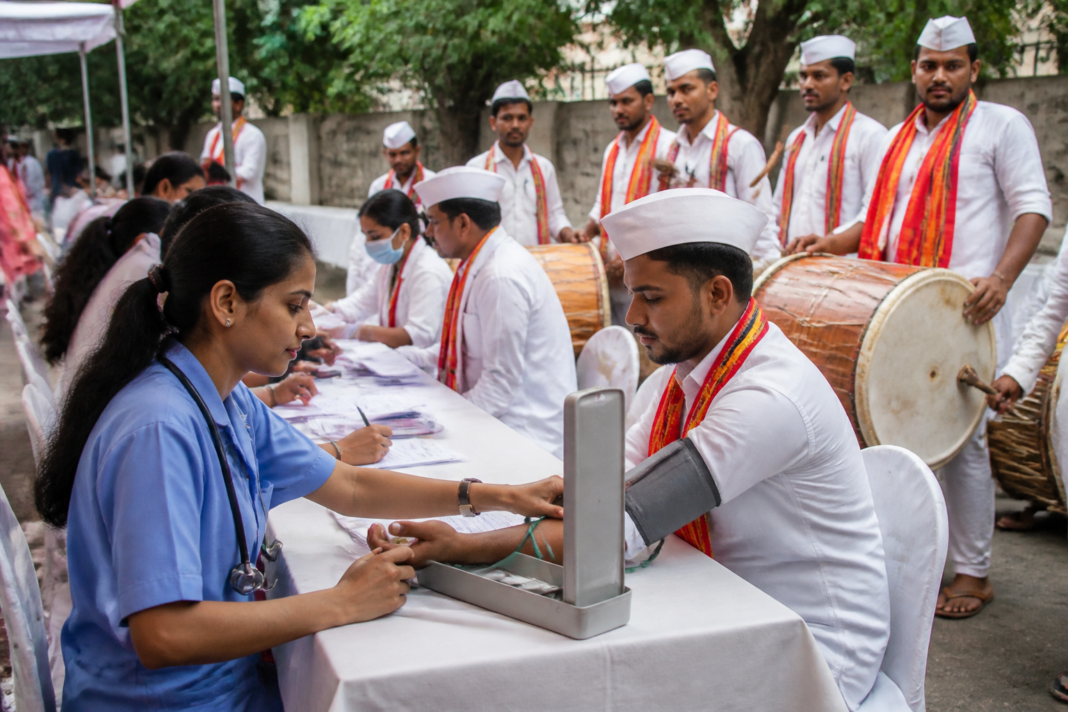 Pune dhol-tasha players participating in a health screening campaign ahead of Ganeshotsav
