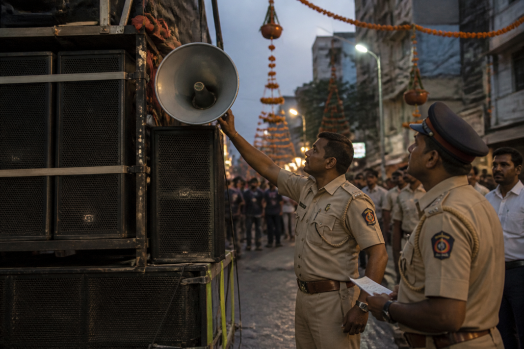Police inspect loudspeaker equipment during a Dahi Handi celebration in Pune amid a noise pollution crackdown