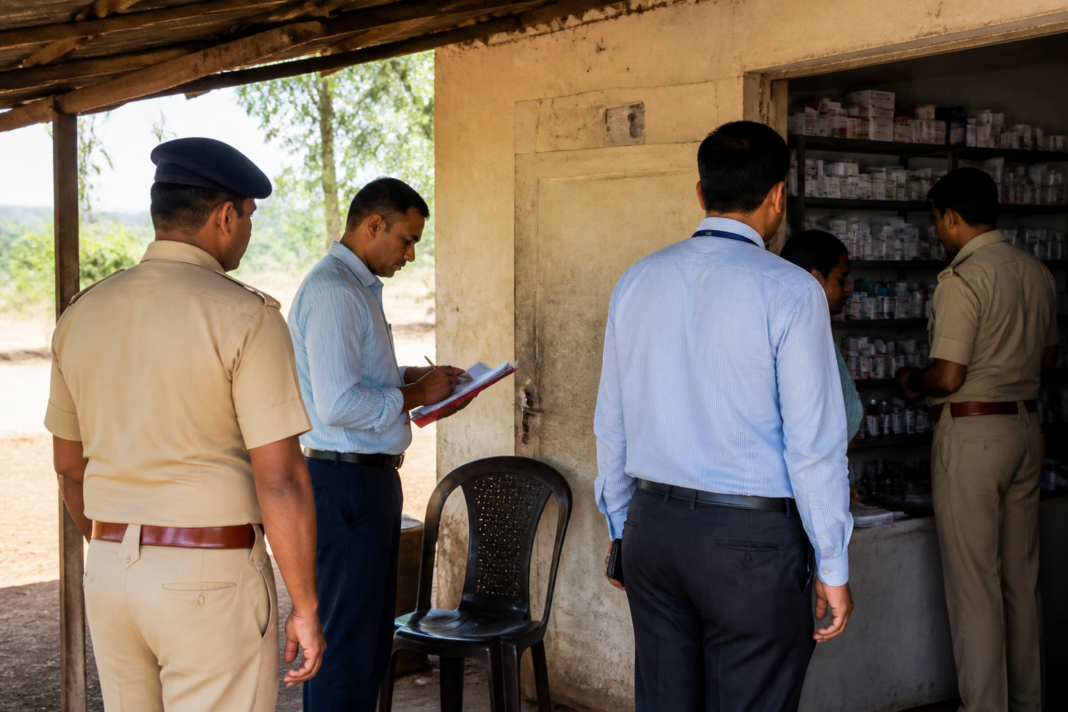 Health officials and Panvel police inspect a clinic in Kasalkhand during an investigation into alleged unauthorised medical practice