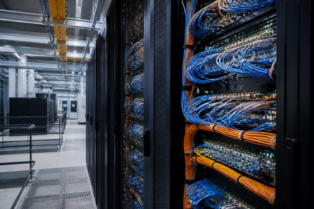 Optical fibre cables and network infrastructure inside a modern Indian data centre, representing STL’s Lakshya growth plan