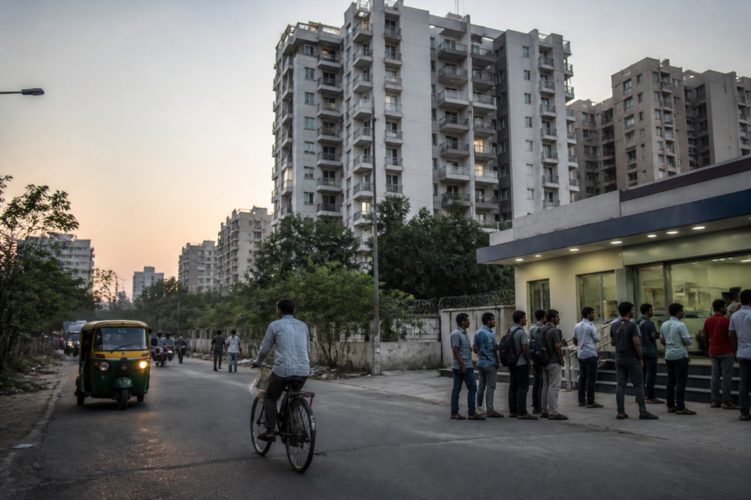 Urban Indian apartment buildings representing household savings and debt trends in India