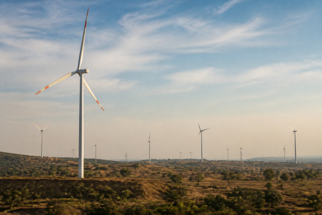 Wind turbines representing Suzlon's 200 MW wind energy order at a project site in Madhya Pradesh