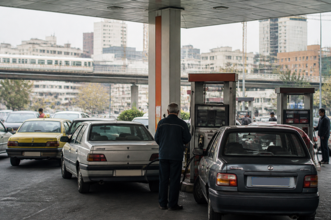 Iran petrol price change displayed at a fuel station with vehicles waiting in an urban setting