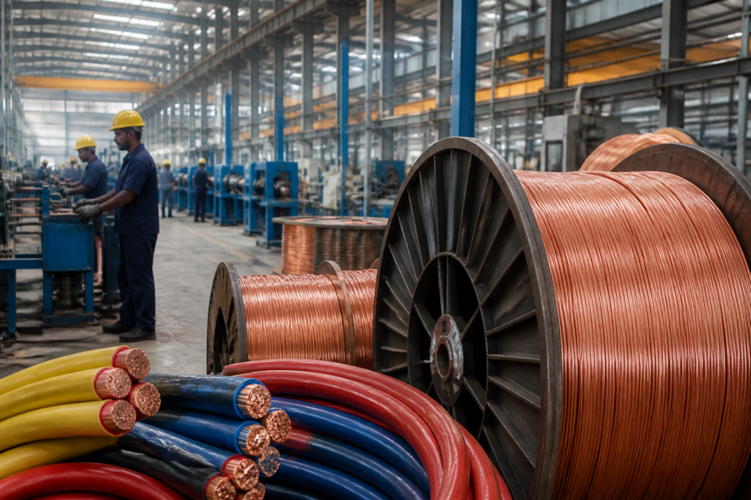 Industrial cable reels and copper wire at a manufacturing facility, representing India’s wires and cables industry