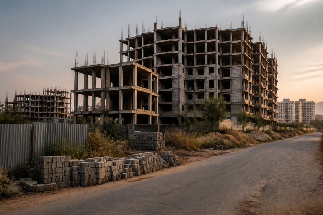 Apartment construction site representing a Telangana RERA homebuyer refund case involving a stalled housing project