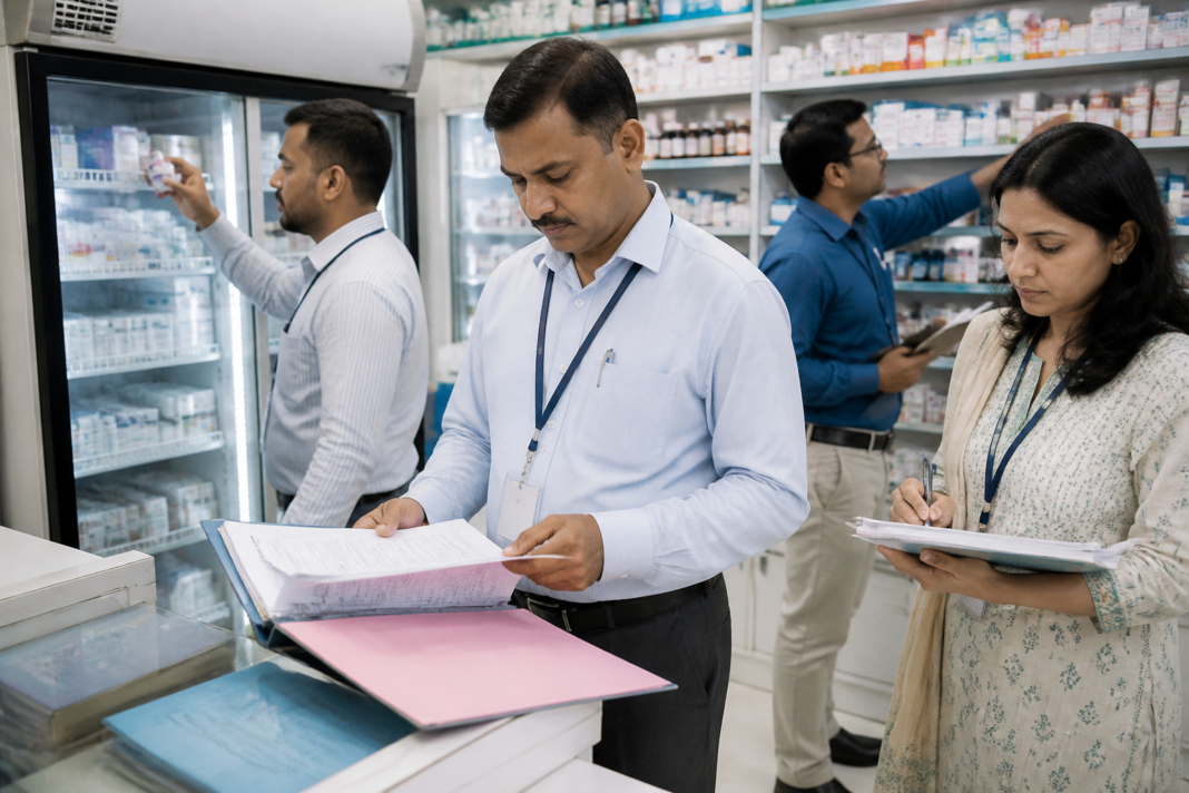 Maharashtra FDA inspectors reviewing medicine storage and compliance records at a pharmacy