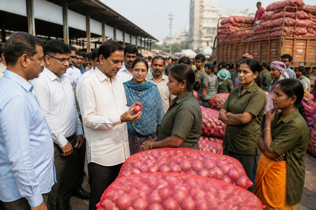 Karnataka Chief Minister D K Shivakumar interacting with onion growers and workers at Bengaluru’s Yeshwantpur APMC