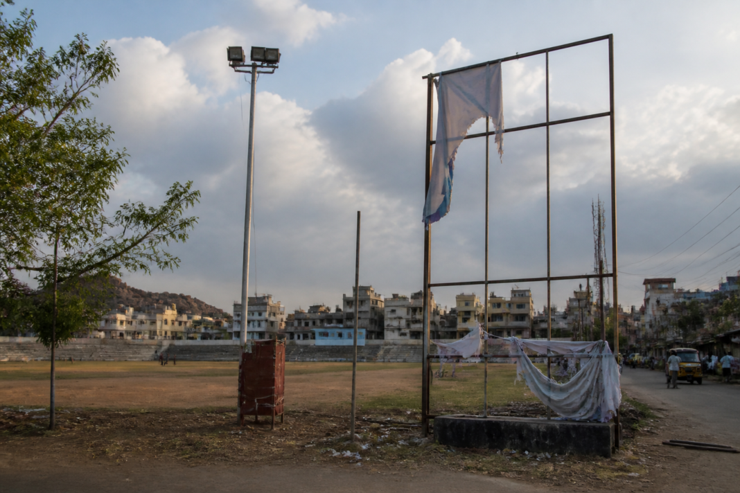 Banners and public hoardings near a municipal public space in Ballari amid a dispute over permissions for a BJP rally