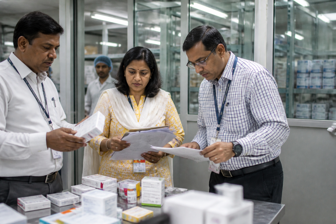 Maharashtra FDA inspectors reviewing medicines and compliance records at a drug facility