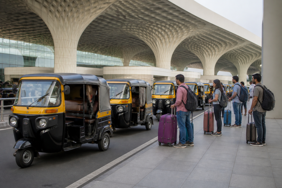 Autorickshaws waiting near Mumbai airport Terminal 2 amid complaints about overcharging and refusal of short-distance trips