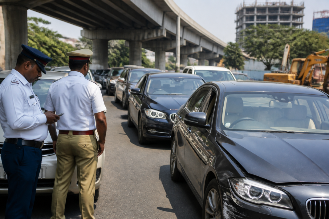 Police action involving luxury cars after a reel shoot caused a traffic jam on a road in Pimpri-Chinchwad