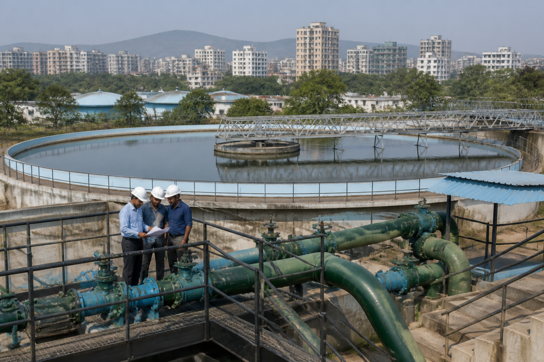 Pune water supply infrastructure at a municipal water treatment facility ahead of a scheduled citywide shutdown