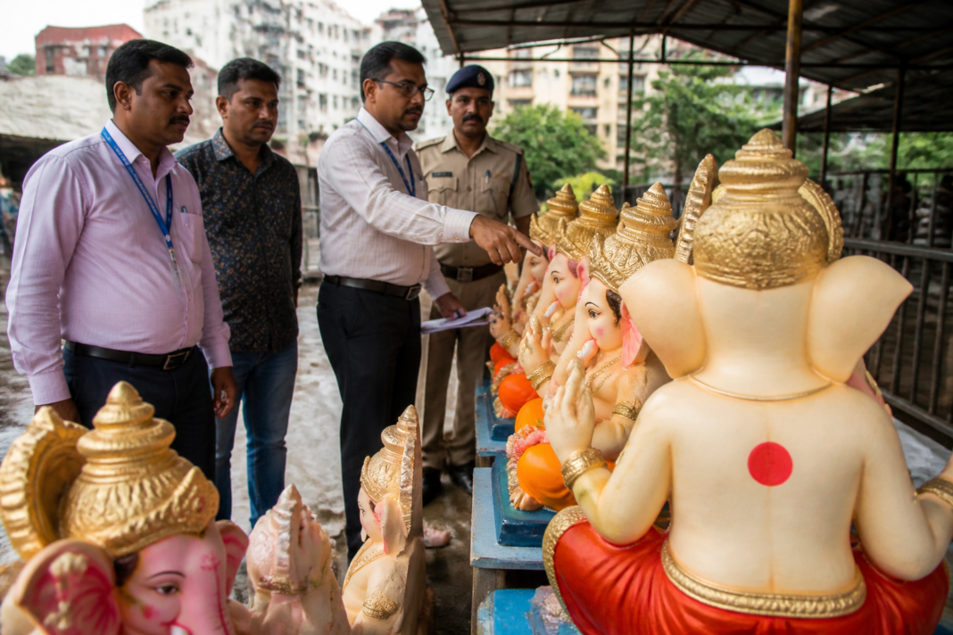 POP Ganpati idols displayed at a Vasai-Virar municipal meeting venue with a red identification mark on their backs