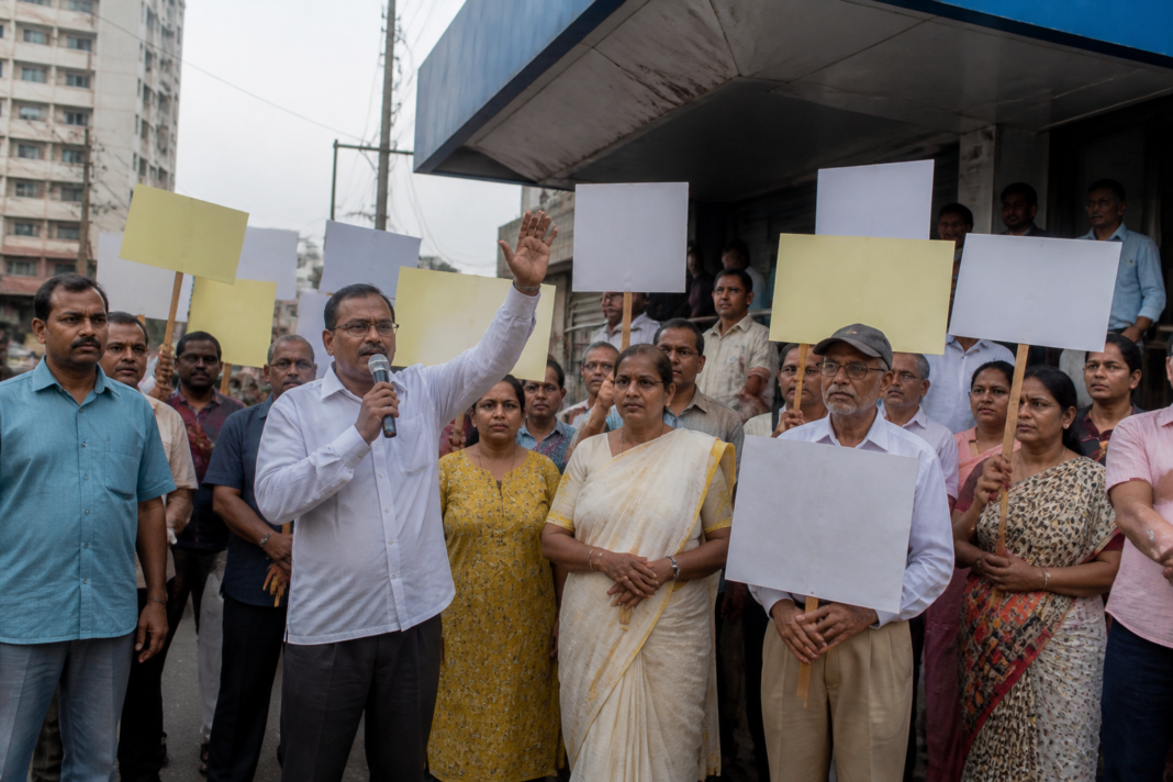 Residents and political representatives protesting outside a Mahavitaran electricity office in Vasai over smart meters and higher electricity bills