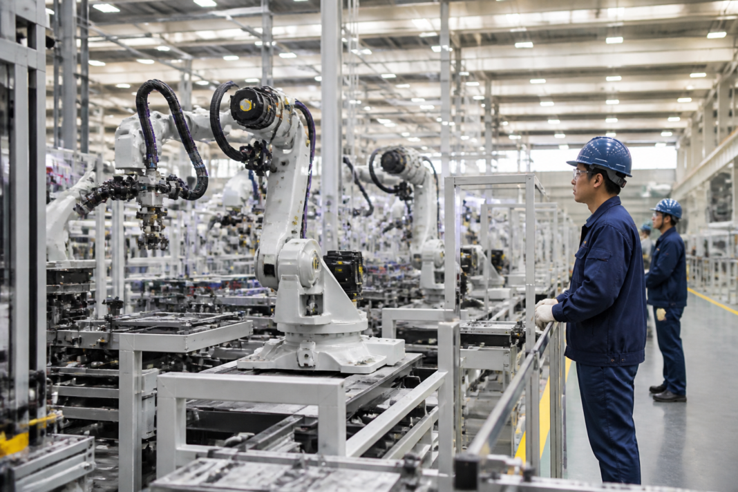 Automated manufacturing equipment operating on a factory floor in China, illustrating the country’s job crisis and shift toward fewer industrial workers