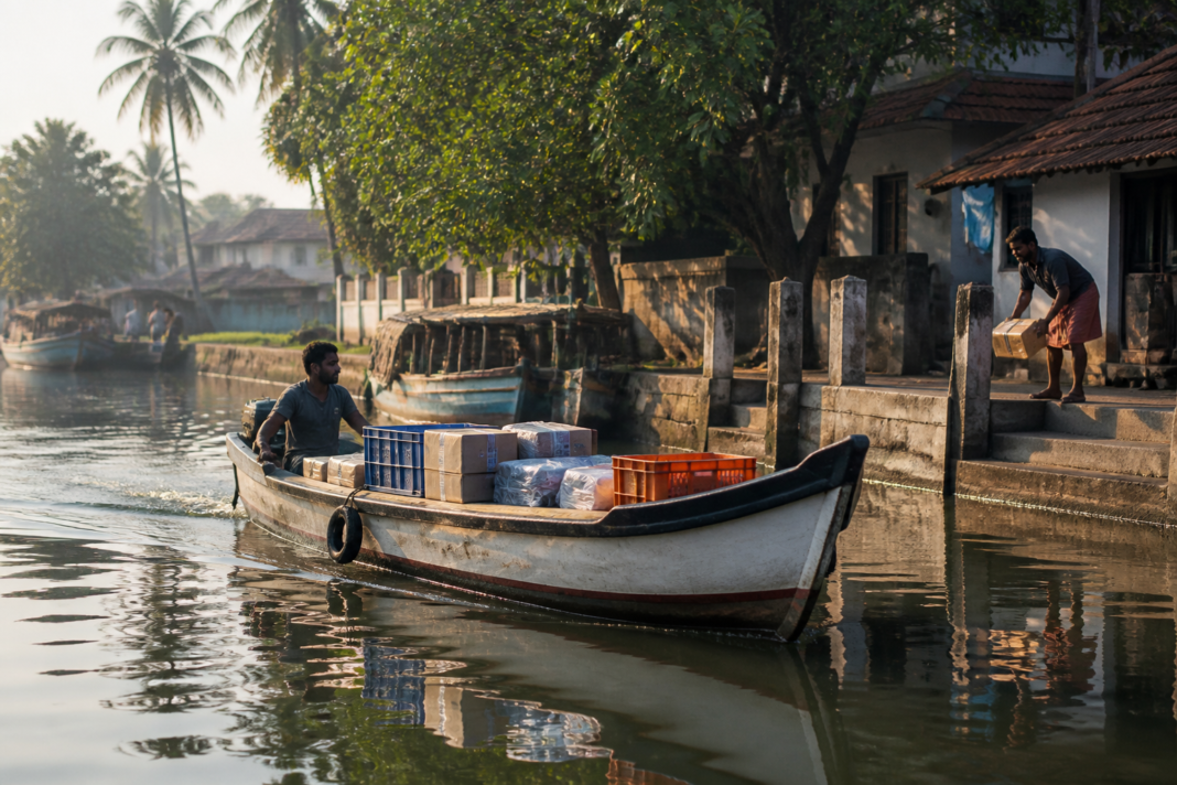 A logistics boat moving along a Kerala waterway near a settlement, illustrating India waterways logistics and last-mile delivery