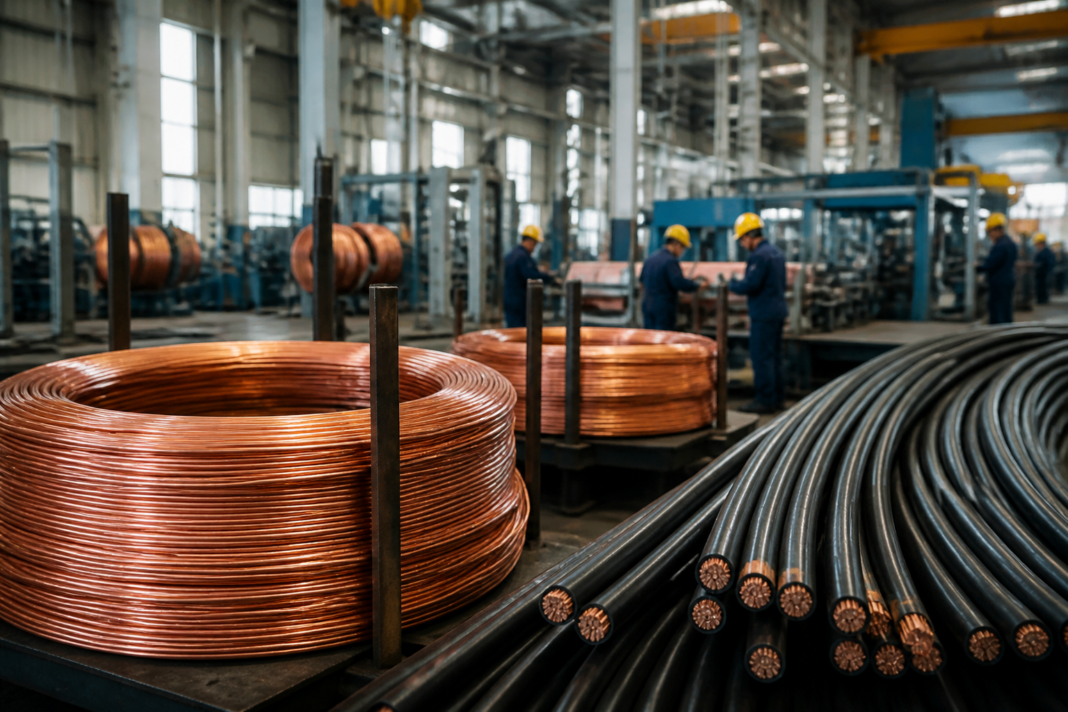 Copper cables and wire coils at an Indian manufacturing facility, illustrating the impact of copper prices on the wires and cables industry